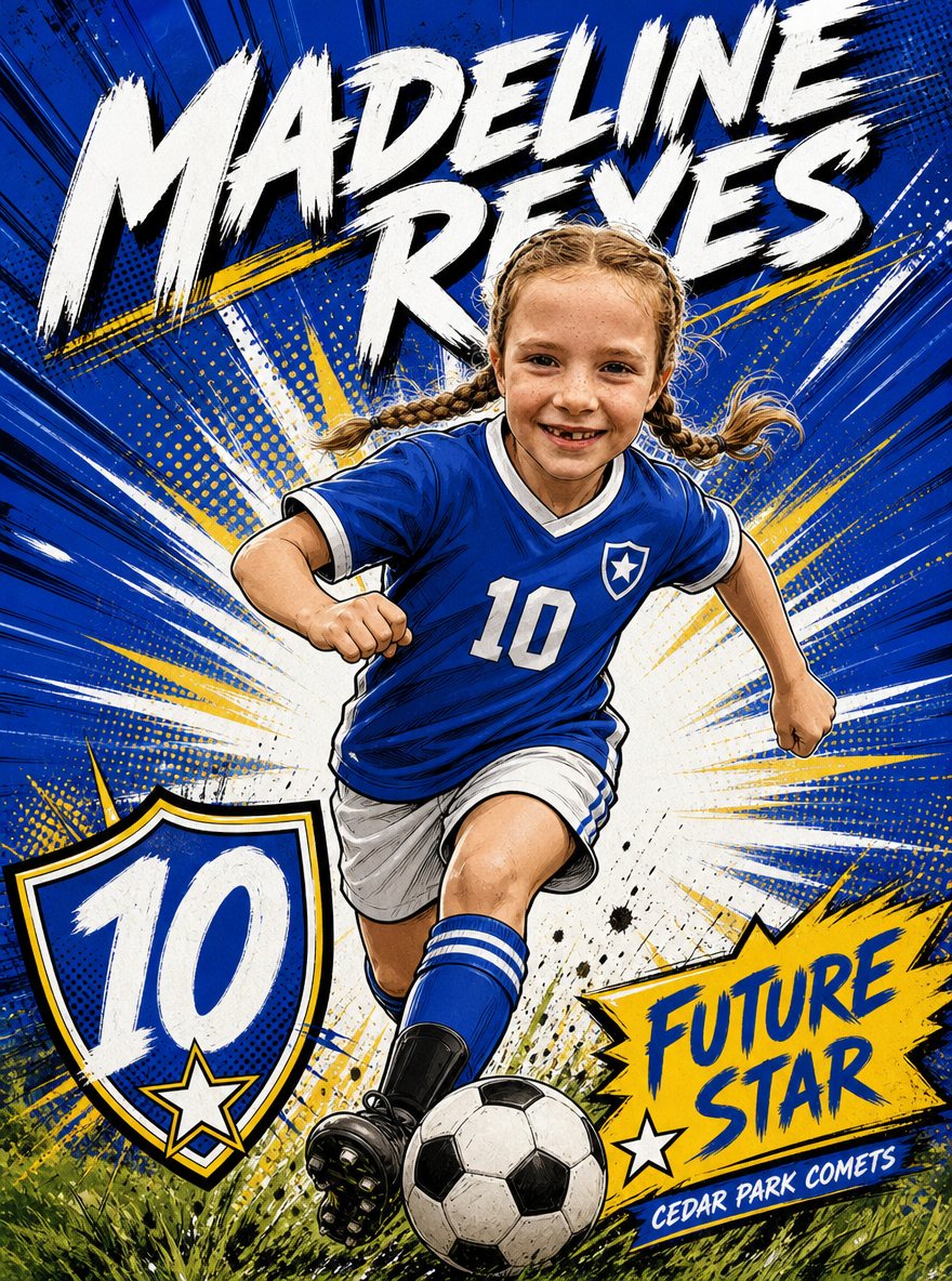 Sample personalized soccer poster in the comic hero style
