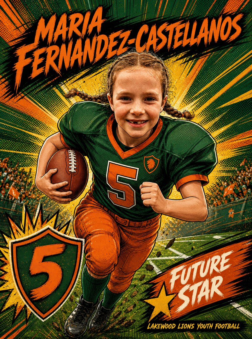 Sample personalized football poster in the comic hero style