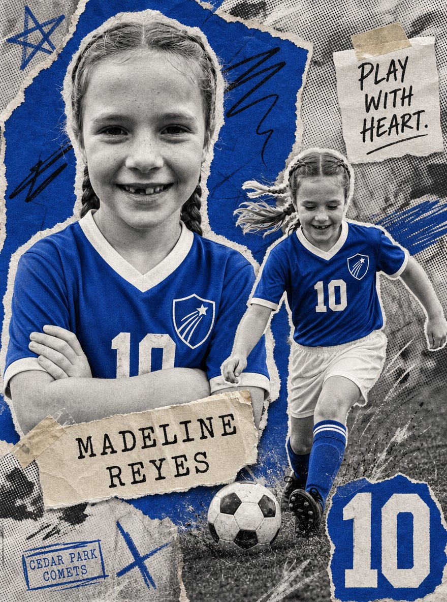 Sample personalized soccer poster in the torn paper style