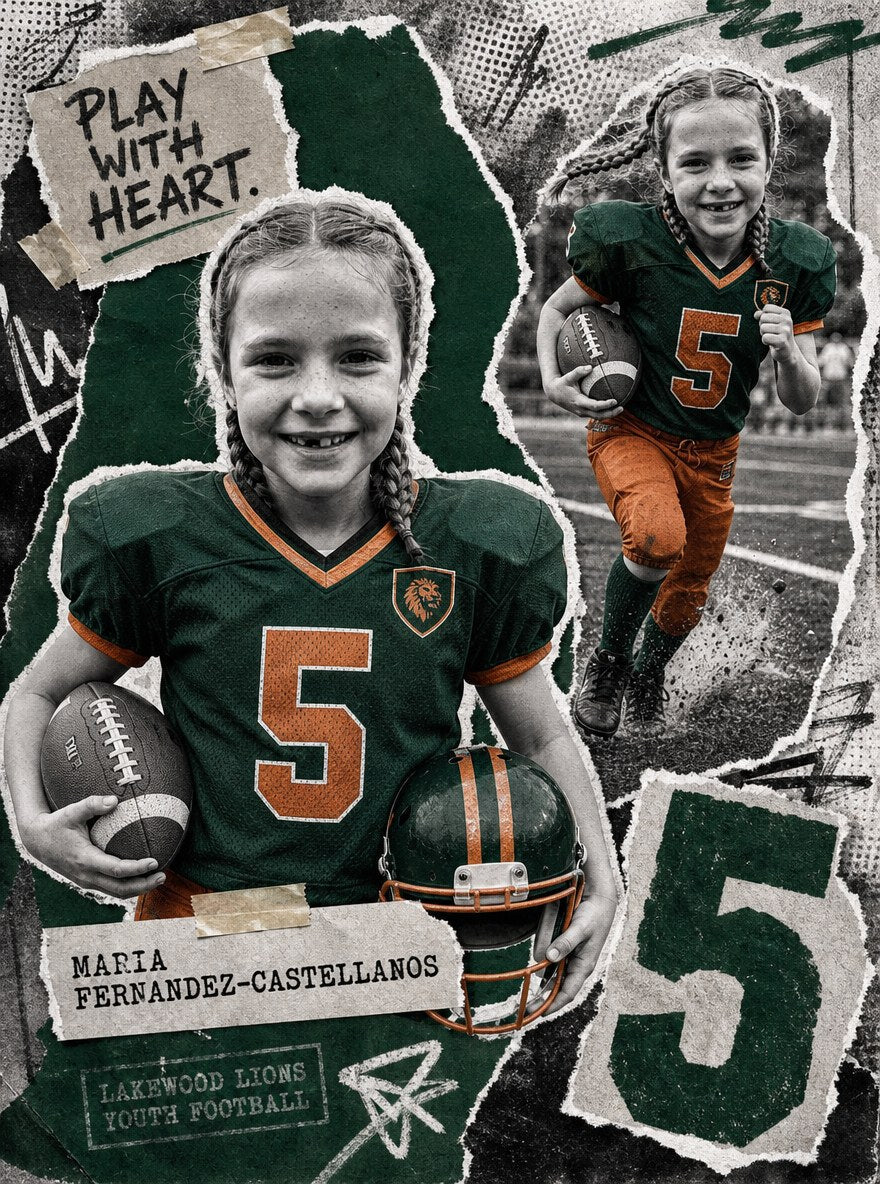 Sample personalized football poster in the torn paper style